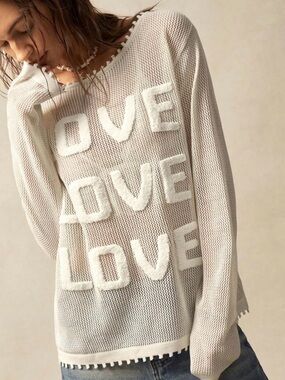 Love patch top long sleeve Knit 'LOVE' Pullover Sweater crochet- Cream white